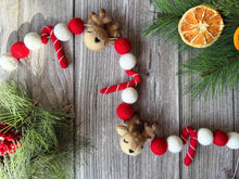 Load image into Gallery viewer, Christmas Felt Garland. Reindeer Candy Cane Garland. Felt Reindeer. Felt Pom Poms Garland.Felt Balls Garland. Felt Pompom Garland
