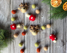 Load image into Gallery viewer, Christmas Felt Garland. Reindeer Mushroom Garland. Felt Reindeer. Felt Pom Poms Garland.Felt Balls Garland. Felt Pompom Garland