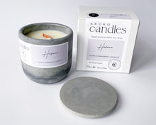 Load image into Gallery viewer, tabacco scented soy wax candle in cement vessel with lid and gift box
