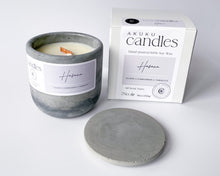 Load image into Gallery viewer, tabacco scented soy wax candle in cement vessel with lid and gift box