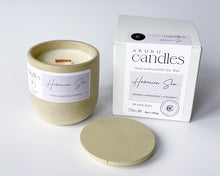 Load image into Gallery viewer, mango pineapple scented soy wax candle in cement vessel with wooden wick and lid in a gift box