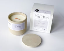 Load image into Gallery viewer, peach scented soy wax candle in cement vessel with wooden wick and gift box