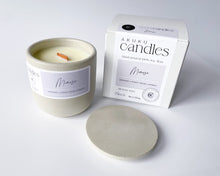 Load image into Gallery viewer, mimosa scented soy wax candle in cement vessel and wooden wick