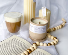 Load image into Gallery viewer, coffe scented candle in cement vessel with wooden wick, coffe latte