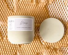 Load image into Gallery viewer, mimosa scented soy wax candle in cement vessel and wooden wick