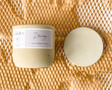 Load image into Gallery viewer, peach scented soy wax candle in cement vessel with wooden wick