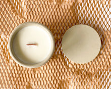 Load image into Gallery viewer, mango pineapple scented soy wax candle in cement vessel with wooden wick