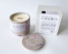 Load image into Gallery viewer, lavender scented soy wax candle in decorative cement vessel