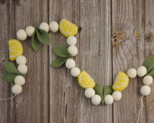 Load image into Gallery viewer, Pom Pom Garland - Lemon Garland. Leaf garland. Greenery garland. Farmhouse garland. Lemon bunting. Pompom Garland. Felt Ball Garland