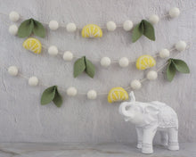 Load image into Gallery viewer, Pom Pom Garland - Lemon Garland. Leaf garland. Greenery garland. Farmhouse garland. Lemon bunting. Pompom Garland. Felt Ball Garland