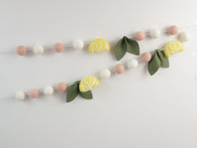 Load image into Gallery viewer, Pom Pom Garland - Summer Lemon Garland. Leaf garland. Greenery garland. Farmhouse garland. Lemon bunting. Pompom Garland. Felt Ball Garland