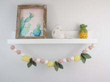 Load image into Gallery viewer, Pom Pom Garland - Summer Lemon Garland. Leaf garland. Greenery garland. Farmhouse garland. Lemon bunting. Pompom Garland. Felt Ball Garland