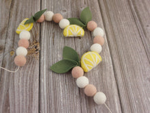 Load image into Gallery viewer, Pom Pom Garland - Summer Lemon Garland. Leaf garland. Greenery garland. Farmhouse garland. Lemon bunting. Pompom Garland. Felt Ball Garland