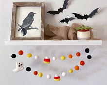 Load image into Gallery viewer, HALLOWEEN DECOR. Halloween Garland. Pom Poms Garland. Candy Corn Garland. Ghost Garland. Fall Decor. Autumn Decor