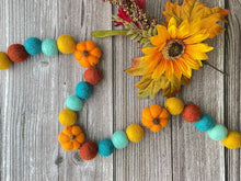 Load image into Gallery viewer, Felt Balls and Pumpkin Garland. Fall decor orange and teal colours
