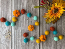Load image into Gallery viewer, Felt Balls and Pumpkin Garland. Fall decor oragne and teal colours