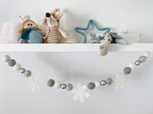 Load image into Gallery viewer, Christmas Felt Garland. Snowflake Garland. Felt Pom Poms Garland.Felt Balls Garland. Felt Pompom Garland