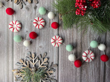 Load image into Gallery viewer, Christmas Felt Garland. Peppermints Garland. Felt Pom Poms Garland.Felt Balls Garland. Felt Pompom Garland