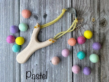 Load image into Gallery viewer, Wooden Slingshot with Felt balls Ammo. Wooden Sling Shot. Felt Pomps Ammo.