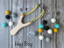 Load image into Gallery viewer, Wooden Slingshot with Felt balls Ammo. Wooden Sling Shot. Felt Pomps Ammo.