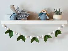 Load image into Gallery viewer, Christmas White and Silver Garland with Felt Leaves. Felt Balls Garland