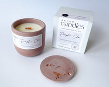 Load image into Gallery viewer, Pumpkin Chai, Pumpkin Spice - Scented Soy Wax Candle. Wooden Cracking Wick. Cement Candle. Unique Concrete Candle