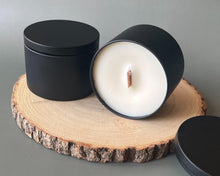 Load image into Gallery viewer, Cashmere - Scented Soy Wax Candle. Wooden Cracking Wick. Black Tin Candle. Elegant minimalistic tin Candle