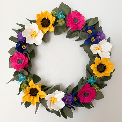 Felt Wreath. Colourfully Flowers Wreath. Greenery Wreath. Summer flowers wreath.