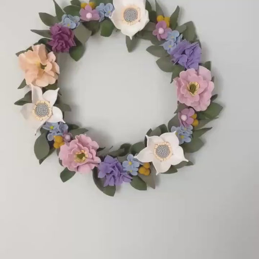 Felt Wreath. Pastel Flowers Wreath. Greenery Wreath. Summer flowers wreath.