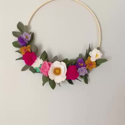 Felt Wreath. Colourful Flowers Wreath. Greenery Wreath. Summer flowers wreath.
