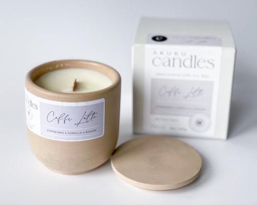 coffee scented candle in cement vessel with wooden wick in a gift box