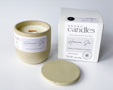 Load image into Gallery viewer, mango pineapple scented soy wax candle in cement vessel with wooden wick and lid in a gift box
