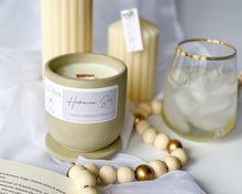 Load image into Gallery viewer, mango pineapple scented soy wax candle in cement vessel with wooden wick and lid
