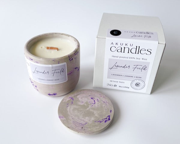 lavender scented soy wax candle in decorative cement vessel