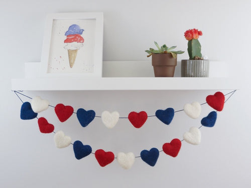 4th of July Garland. Independence Day. Heart Garland. Fourth of July. Pom Pom Garland. Felt Garland