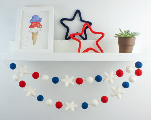 Pom Pom Garland. 4th of July Garland. 4th of July Decor. Felt Balls Garland. Felt Pompom Garland