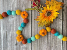 Load image into Gallery viewer, Felt Balls and Pumpkin Garland. Fall decor orange and teal colours
