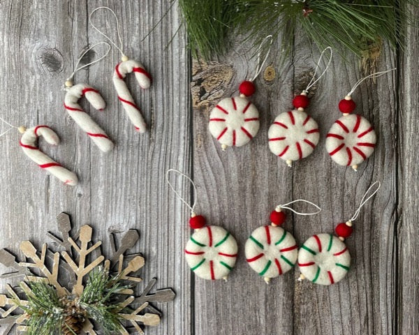 CHRISTMAS ORNAMENTS. Felt Ornaments - Felt Peppermints. Felt Candy Cane. Holiday Ornaments. Ornaments Christmas.