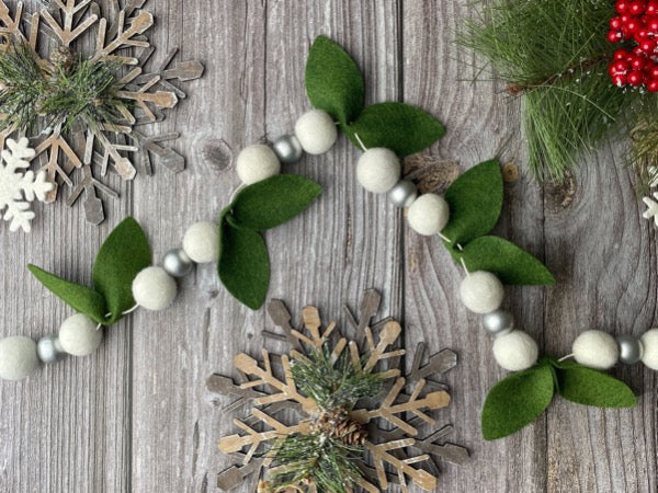 Christmas White and Silver Garland with Felt Leaves. Felt Balls Garland